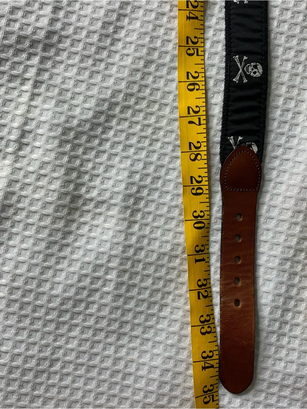 Leather Man Ltd. Jolly Roger black belt with Scull print and brown leather trim